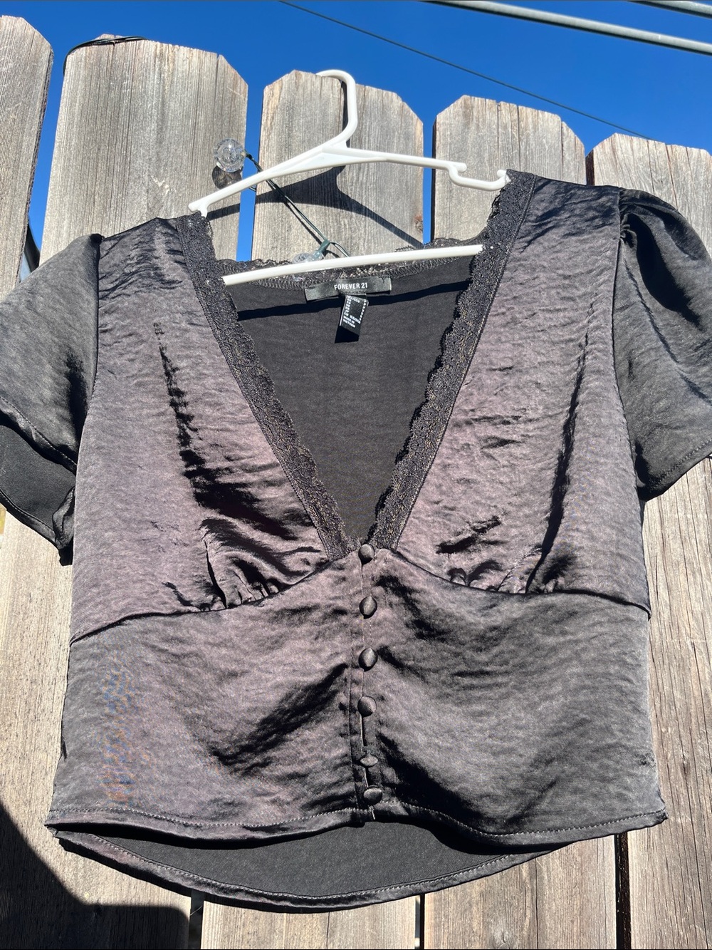 Forever 21 Black Satin-Trim V-Neck Button Crop Top